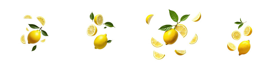 Fresh whole and sliced lemon fruits with green leaves isolated on transparent background featuring multiple flying lemon pieces