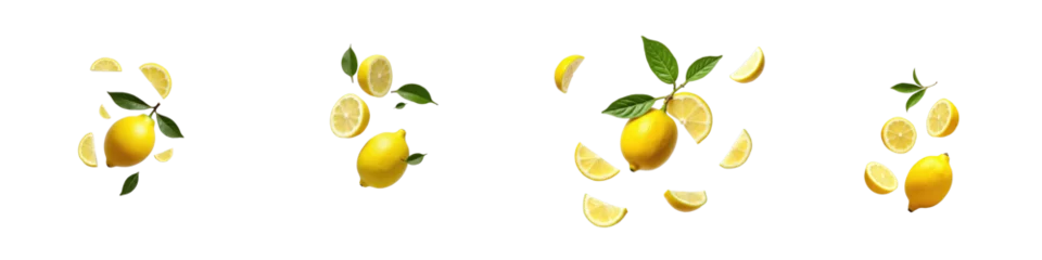 Fototapete Fresh whole and sliced lemon fruits with green leaves isolated on transparent background featuring multiple flying lemon pieces © The 2R Artificiality