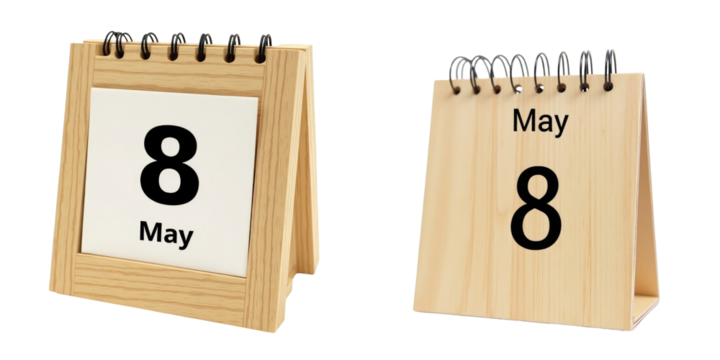 Close up of a wooden perpetual calendar displaying the date 8th May with large transparent digits on a white background isolated on a transparent background.
