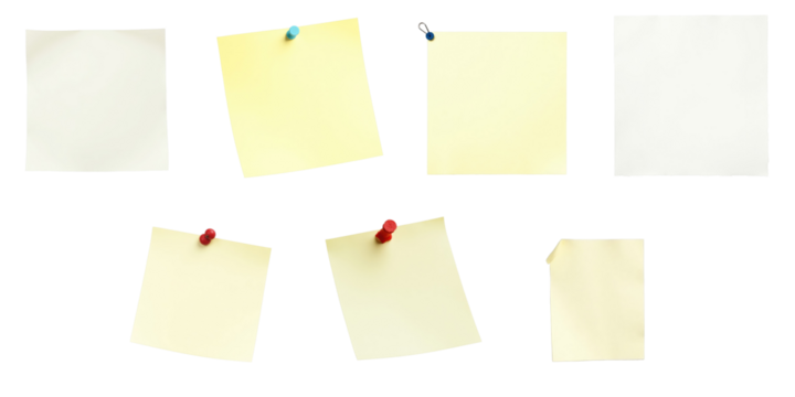 collection of various note paper squares isolated on transparent background with different colors and pins arranged in multiple positions