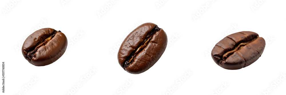 Poster three roasted coffee beans in varying positions arranged on a transparent background highlighting th