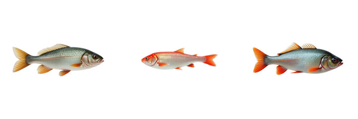 Three isolated fish specimens displayed on a transparent background showcasing distinct colors and markings suitable for culinary or educational purposes.