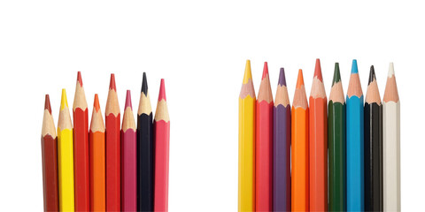 Assorted color pencils arranged in two groups on a transparent background displaying various colors and sharpened tips emphasizing their vibrant hues and fine details