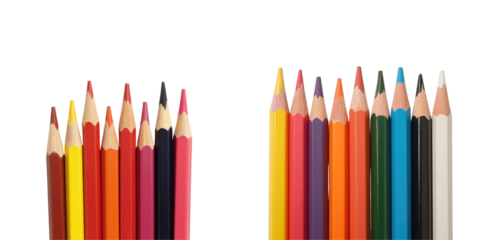 Assorted color pencils arranged in two groups on a transparent background displaying various colors and sharpened tips emphasizing their vibrant hues and fine details