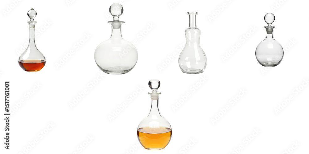 Poster set of crystal glass liquor decanters with various shapes and sizes containing amber liquid isolated
