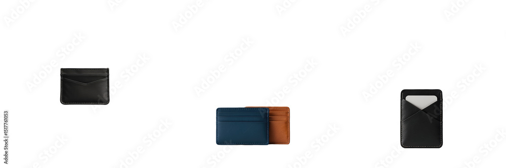 Poster various leather card cases in different colors isolated on transparent background with multiple angl