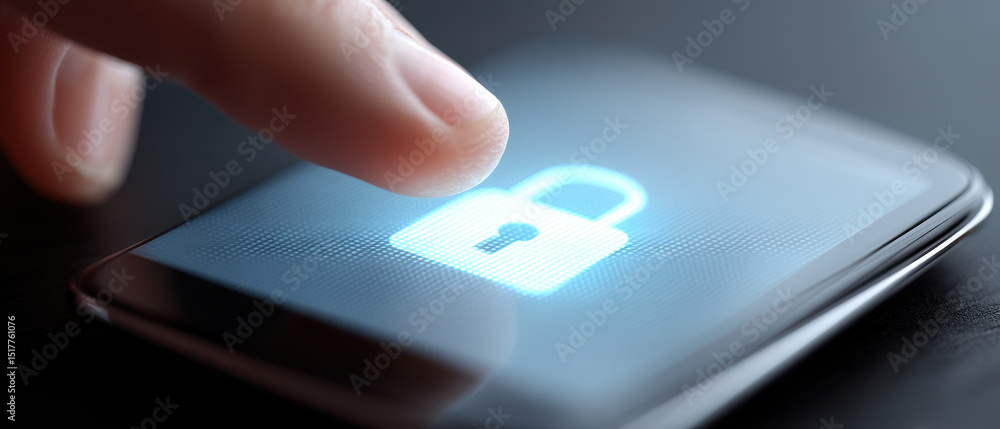 Poster finger touching padlock icon on smartphone screen symbolizing personal datum protection and cyberspa