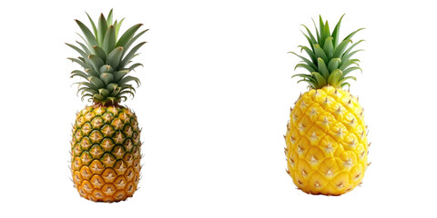 Closeup of whole pineapple displaying textured skin and green crown isolated on transparent background in studio lighting environment