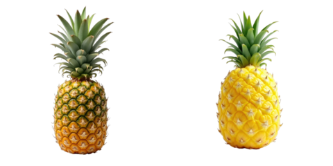 Closeup of whole pineapple displaying textured skin and green crown isolated on transparent background in studio lighting environment