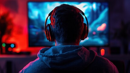 Obraz premium Gamer with headphones immersed in bright gaming lighting, focused on computer game, back view