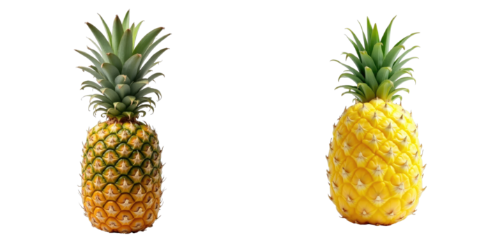 Closeup of whole pineapple displaying textured skin and green crown isolated on transparent background in studio lighting environment