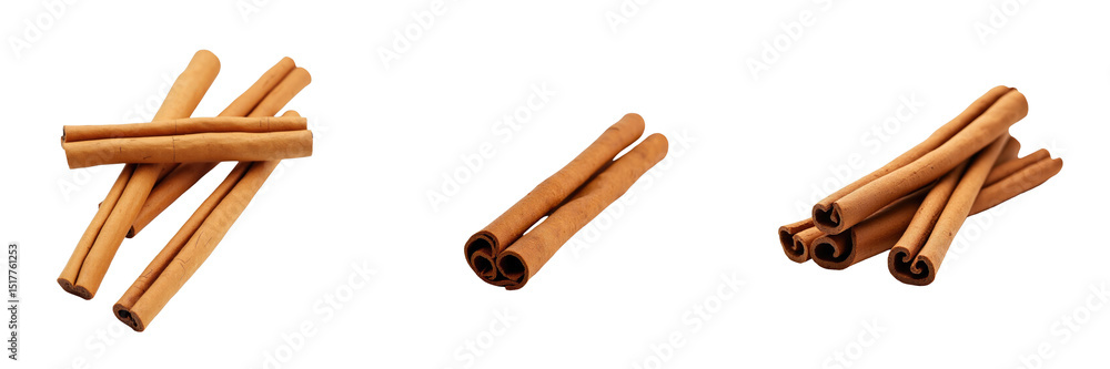 Poster cinnamon sticks arranged in varying piles showcasing their distinct textures and shapes isolated on 