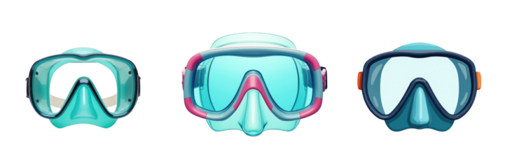 Three colorful snorkel masks displayed front view on a transparent background, illustrating various designs and colors suited for aquatic activities and vacations.