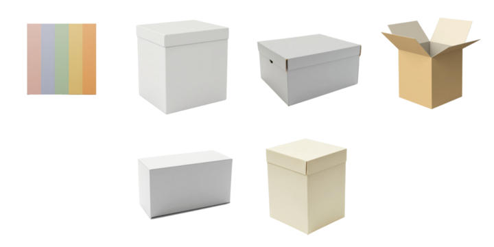 variety of isolated boxes in different shapes and colors including closed and open designs displayed on a transparent background for versatile editing purposes