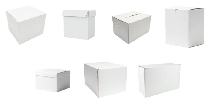 Collection of closed white cardboard boxes with different shapes and sizes arranged on a transparent background isolated for packaging and shipping purposes
