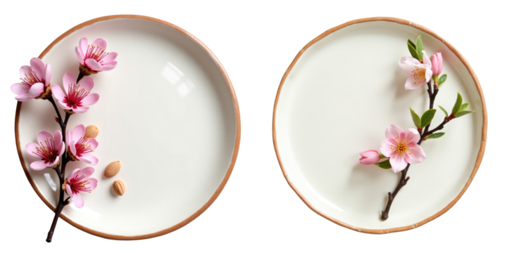 Closeup of two earthenware plates with flowering almond branches and almonds on a transparent background creating a floral feminine composition with space for text