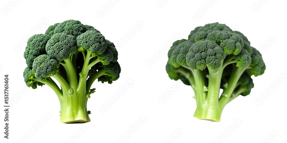 Poster fresh green broccoli heads isolated on a transparent background, studio shot displaying the unique t