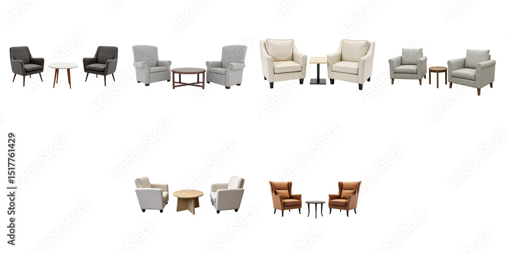 Poster furniture chair and table sets arranged in various styles and colors, isolated on transparent backgr