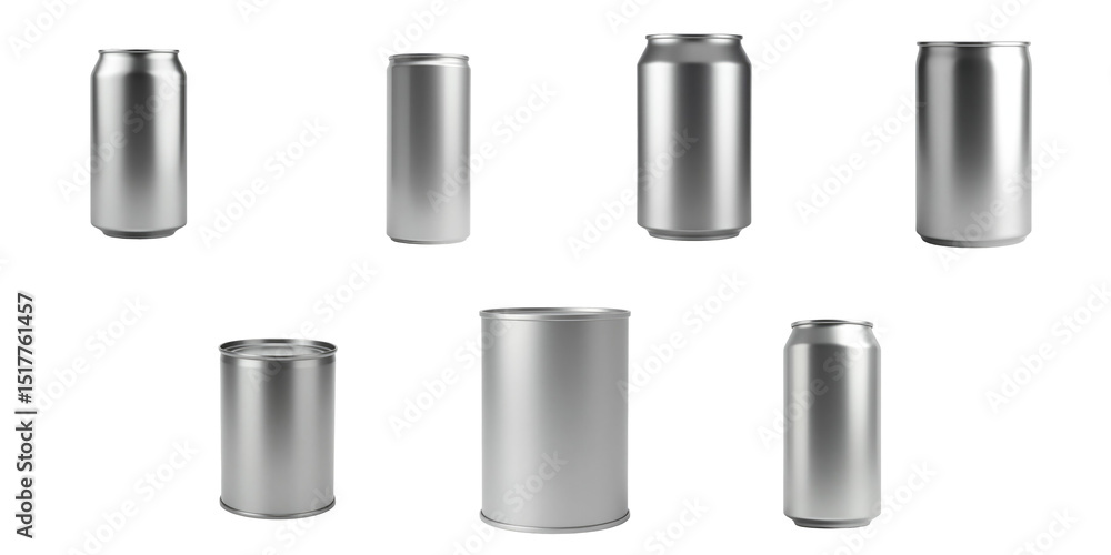 Poster collection of various closed metallic tin cans displayed on a transparent background from different 