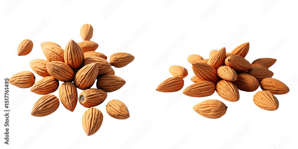 Poster close up of multiple almonds displayed on a transparent background with one cluster emphasizing diff