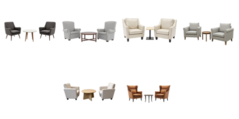 Furniture chair and table sets arranged in various styles and colors, isolated on transparent background for clear visibility and design flexibility.