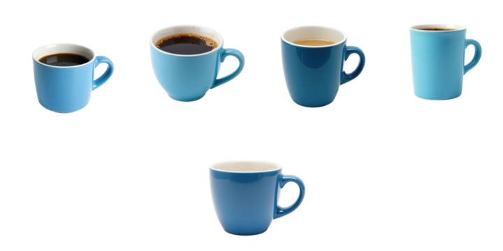 Multiple views of blue coffee cups featuring different angles, isolated on transparent background for versatile usage in design and marketing projects.