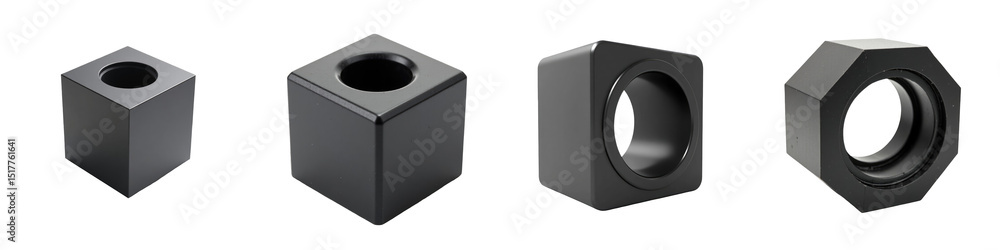 Poster collection of four distinct carbon graphite seals in various shapes including cube and hexagonal des