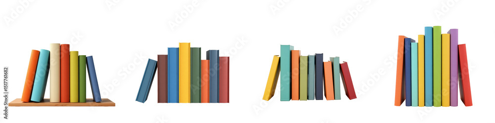 Poster assorted colorful hardcover books stacked in various arrangements on a wooden shelf isolated on tran