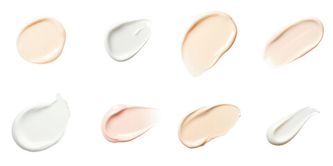 Fototapeta premium Various cream samples in different shades and textures displayed on a transparent background, isolated cosmetic products arranged in an organized layout for visual clarity.