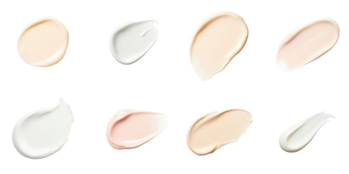 Various cream samples in different shades and textures displayed on a transparent background, isolated cosmetic products arranged in an organized layout for visual clarity.