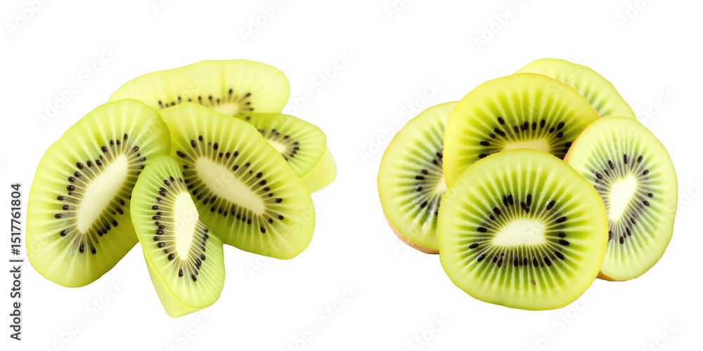 Poster slices of fresh kiwi fruit stacked on a transparent background with selective focus highlighting tex
