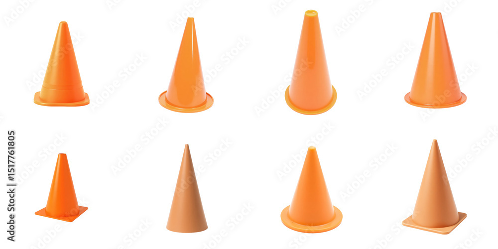 Poster set of traffic cones on transparent background various angles and positions isolated on transparent 