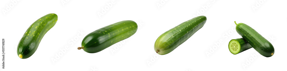 Poster fresh green cucumbers arranged on a transparent background showcasing different angles and a cross-s