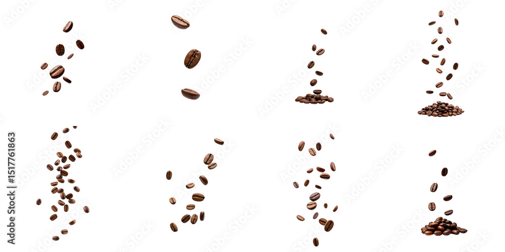 Poster falling coffee beans captured in multiple stages of descent against a transparent background featuri