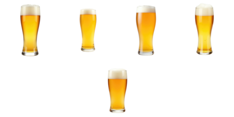 variety of lager beer glasses with foam isolated on transparent background in different sizes showcasing typical beer colors and textures
