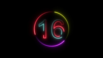 Dynamic circular and glowing neon number 16 animation . on a black background. and creating a stunning 4k video.