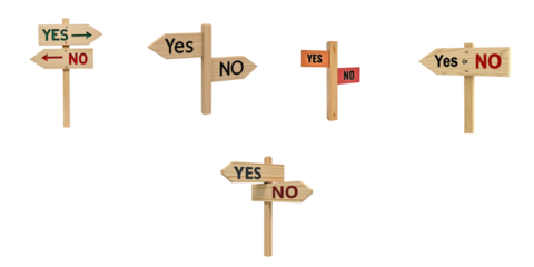 Wooden directional signs featuring Yes and No options on transparent background representing decision making in business context with various orientations and styles.