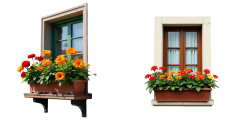 colorful flowerpots with vibrant red orange and yellow flowers on balcony windows against a transparent background showcasing two different window designs and arrangements
