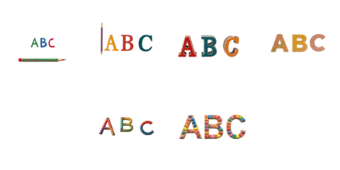 Colored pencil text with colorful variations isolated on transparent background featuring the letters ABC in different styles and orientations.