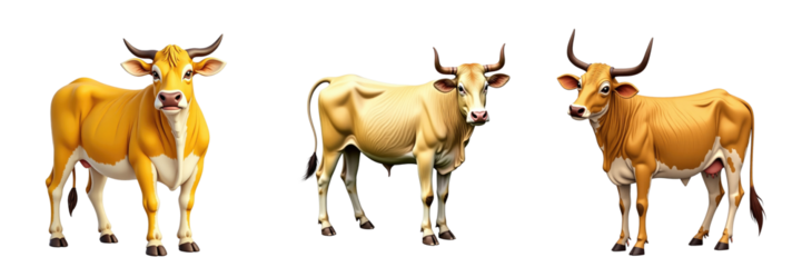 Illustration of three cartoon-style Balinese cows in different poses featuring yellow to toast coloration set against a transparent background suitable for various designs.