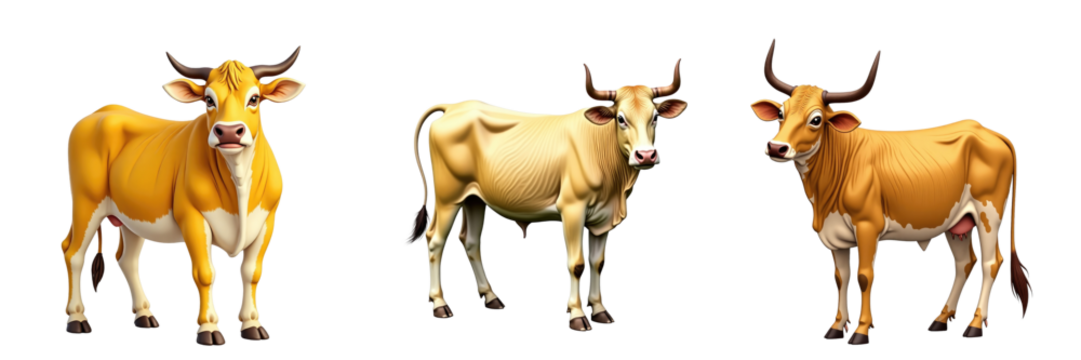 Illustration of three cartoon-style Balinese cows in different poses featuring yellow to toast coloration set against a transparent background suitable for various designs.
