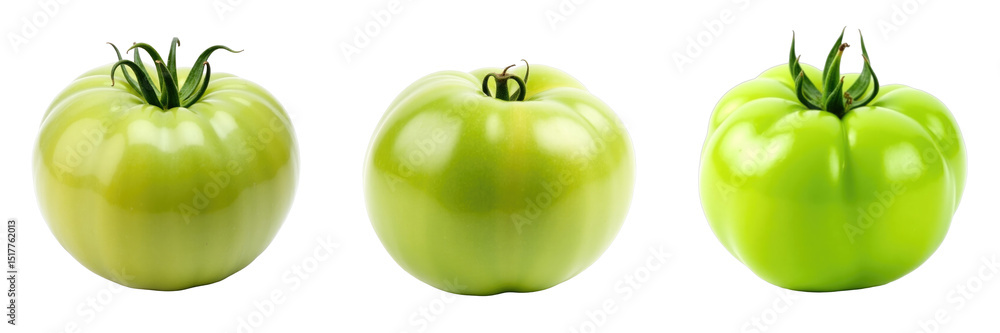 Poster three fresh green tomatoes in different shapes displayed against a transparent background showcasing