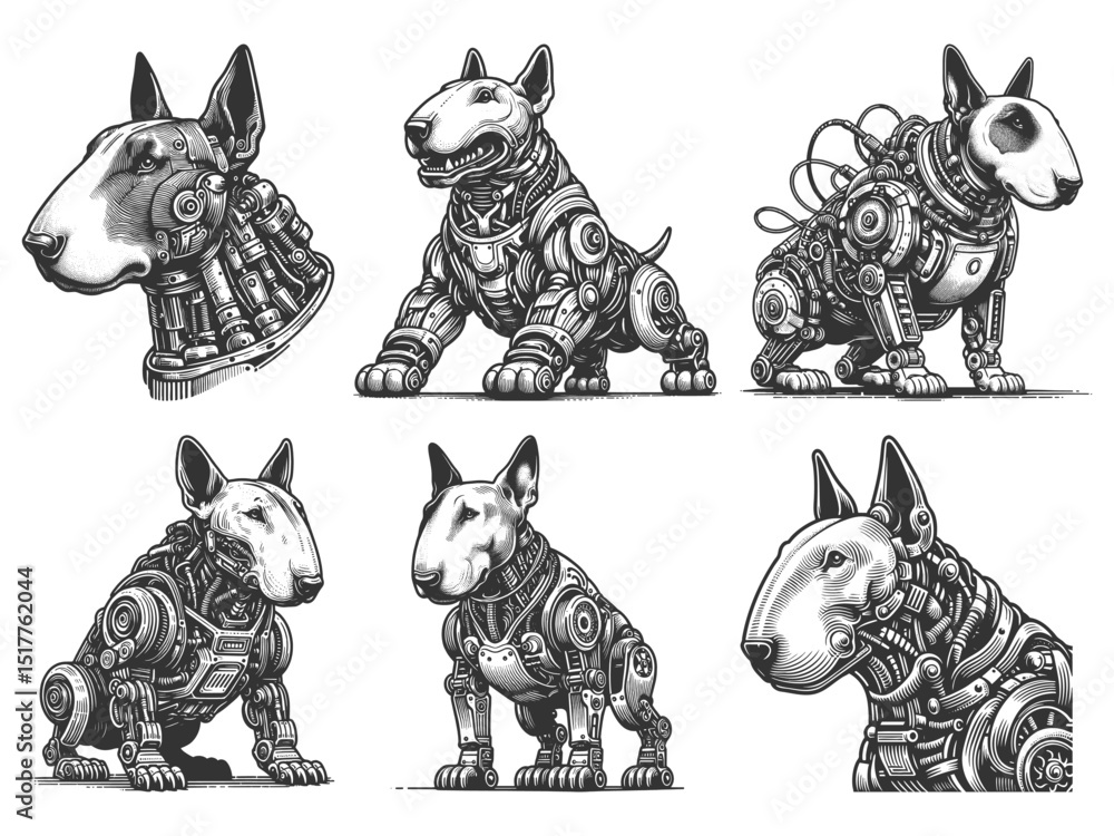 Poster robotic dog set collection bundle sketch engraving generative ai vector illustration. scratch board 
