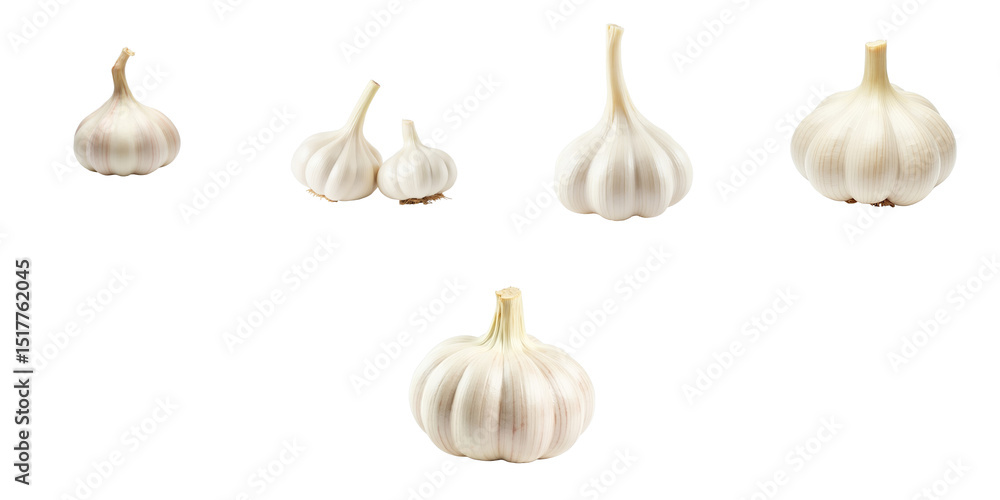 Poster collection of garlic bulbs displayed on a transparent background featuring various sizes and shapes 