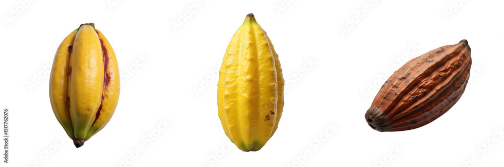 Poster fresh cocoa pods in various stages of ripeness displayed on a transparent background, showcasing yel
