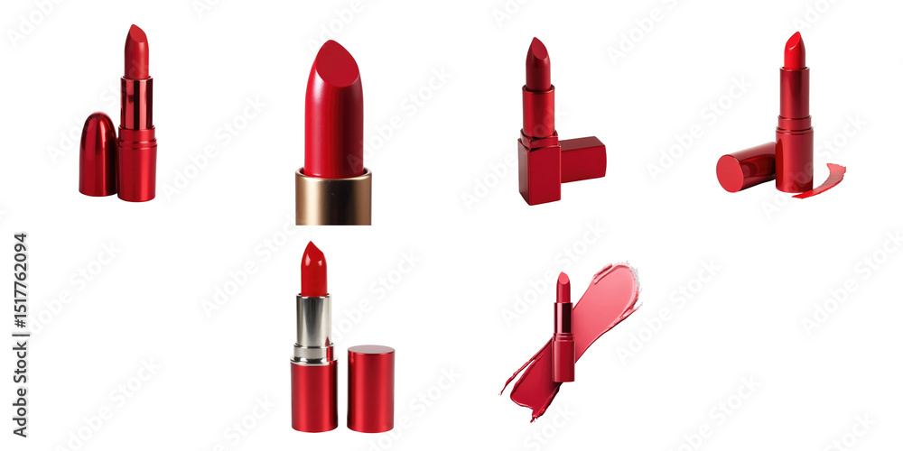 Poster collection of various red lipstick tubes in different shapes and styles arranged on a transparent ba