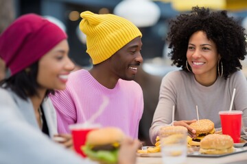 Diverse group of young adults enjoying burgers and drinks together
