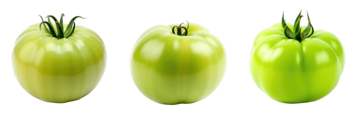Three fresh green tomatoes in different shapes displayed against a transparent background showcasing their smooth skin and green stems with a natural shine.