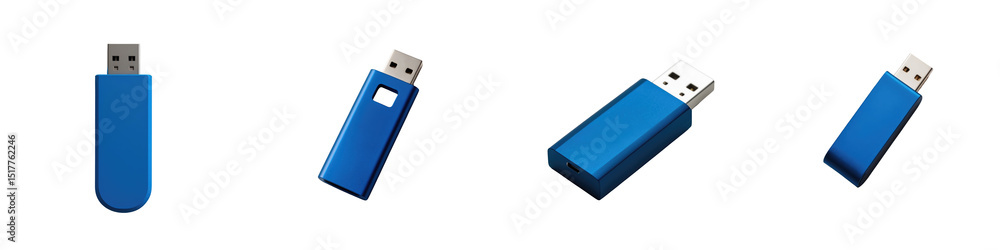 Poster blue usb flash drive multiple angles isolated on transparent background displaying various positions
