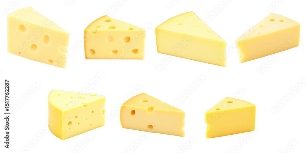 Poster various pieces of cheese isolated on transparent background displaying different shapes and holes fo